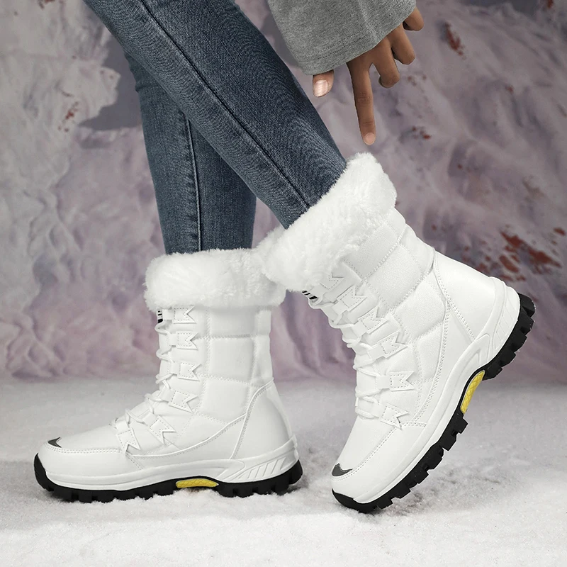 Women Winter Snow Boots Warm Furry Fur Lined Midcalf Boots Waterproof NonSlip Thick Sole Laceup Outdoor Cold Weather Shoes