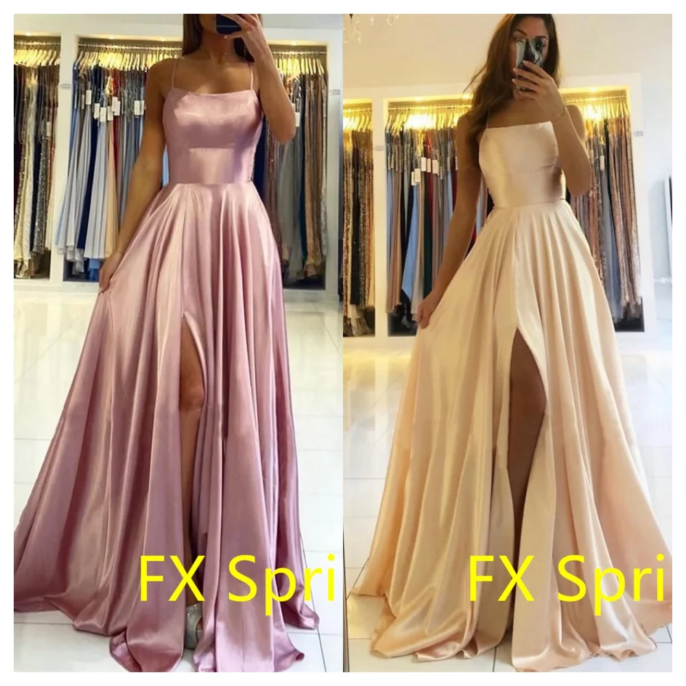 

Customized Simple Satin Evening Dress Modern Strapless Spaghetti Straps Sleeveless Party Dress Classic Chapel Train Pr