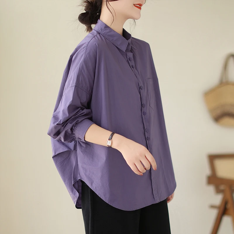 Korean Style Office Lady Purple Shirts Long Sleeve Turn-down Collar Button Fly Irregular Female Blouses Women White Shirt Loose