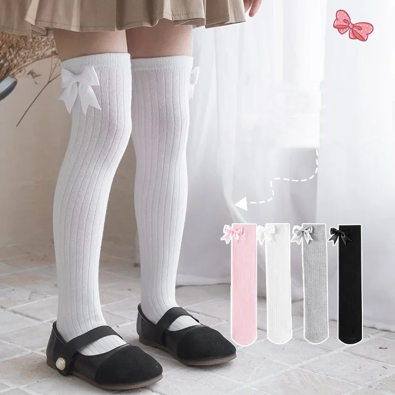 1Pair Soft Knee High Sock for Kids Girl Sweet Koren Fashion Bow Leggings Stocking Sock Cotton Spring Autumn Children School Sock