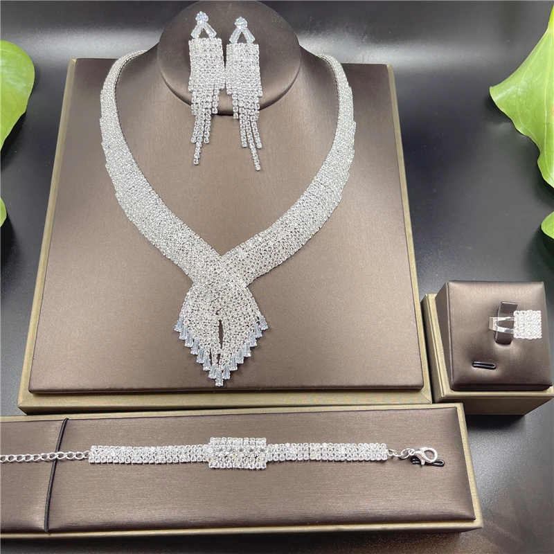 

Rhinestone Tassel Long Pendant Full Crystal Necklace Earrings set Elegant Fashion Bridal Wedding Jewelry Birthday Gift