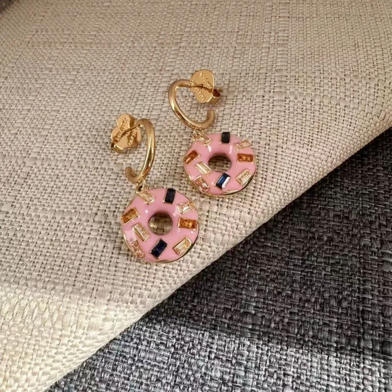 

French Fresh Sweet Romantic Cream Enamel Donut Stud Earrings with Irregular Colorful Rhinestones for Women