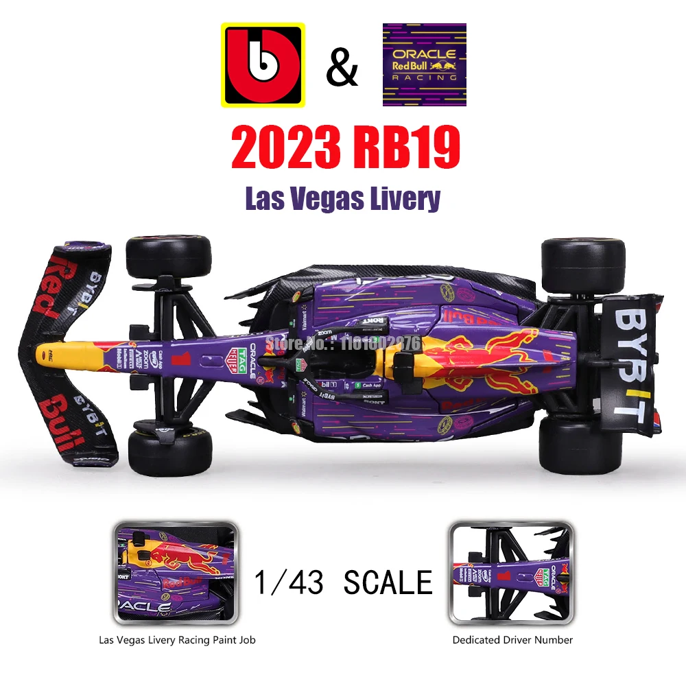 Bburago 1:43 F1 Red Bull Racing TAG RB19 2023 Las Vegas Livery #1 Verstappen #11 Perez Alloy Car Die Cast Model Toy Collectible