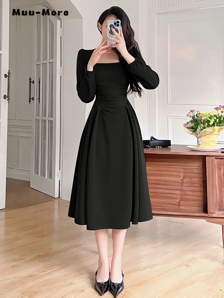 2024 Spring Vintage Long Sleeve Solid Color Midi Dresses Summer Women Elegant Classic Square Collar Office Lady Slim Fit Dress