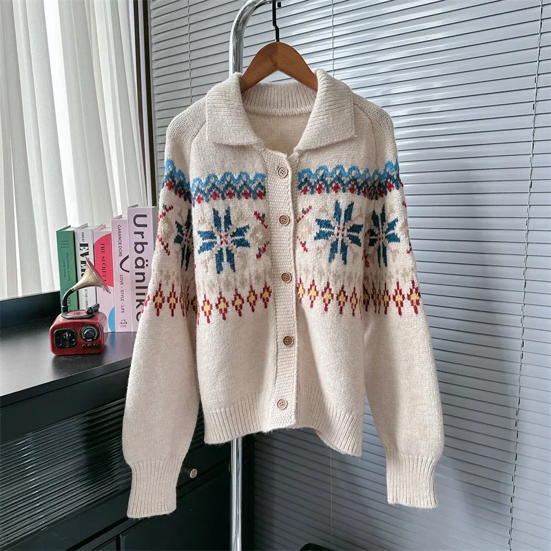 Korean Minimalist Style Lapel Jacquard Sweater Jacket Women's Autumn Winter New Fashion Soft Sticky Knitted Cardigan Top