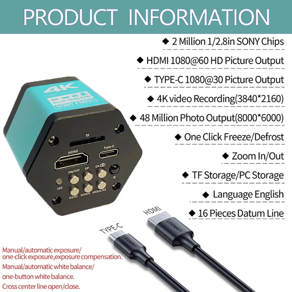 Imagem -02 - Microscópio Industrial com Lente C-mount Câmera Digital Hdmi Usb-c Vga Medição para Pcb Solda Faça Você Mesmo 1080p 4k hd 150x 48mp 13mp