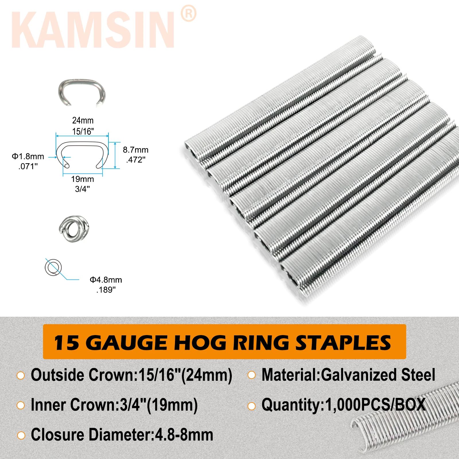 KAMSIN 1000PCS SC7 Nails 15 Gauge 304 Stainless Steel or Galvanized 3/4-Inch Crown Hog Rings C Rings Staples Hog Ring Staples