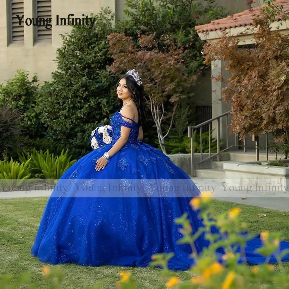 Elegant Blue Vestidos De 15 Quinceañera 2024 Ball Gown Prom Dresses Flower Sweet 16 Dress Birthday Party Gown Bow Princess Gown