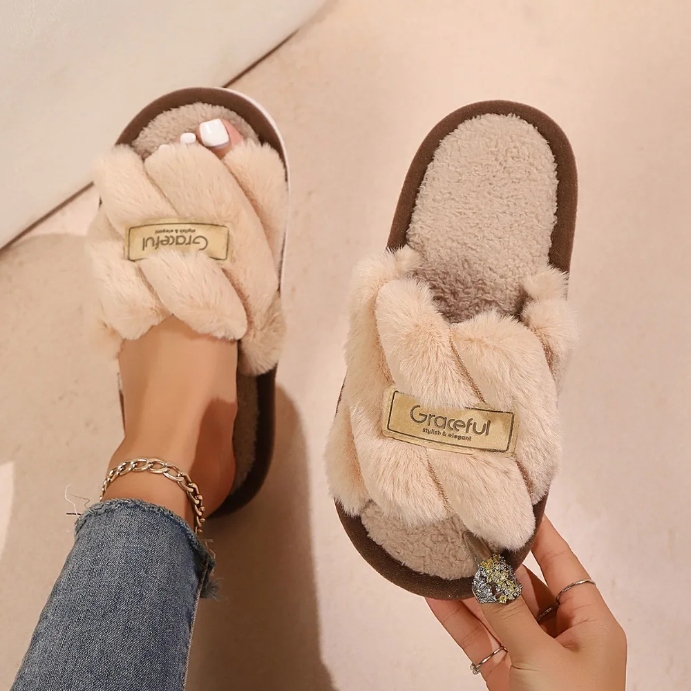 

Fashion Stripe Furry Plush Slippers Fluffy Thicken Warm Home Thermal Slippers Casual Non-Slip Fleece Slippers Bedroom