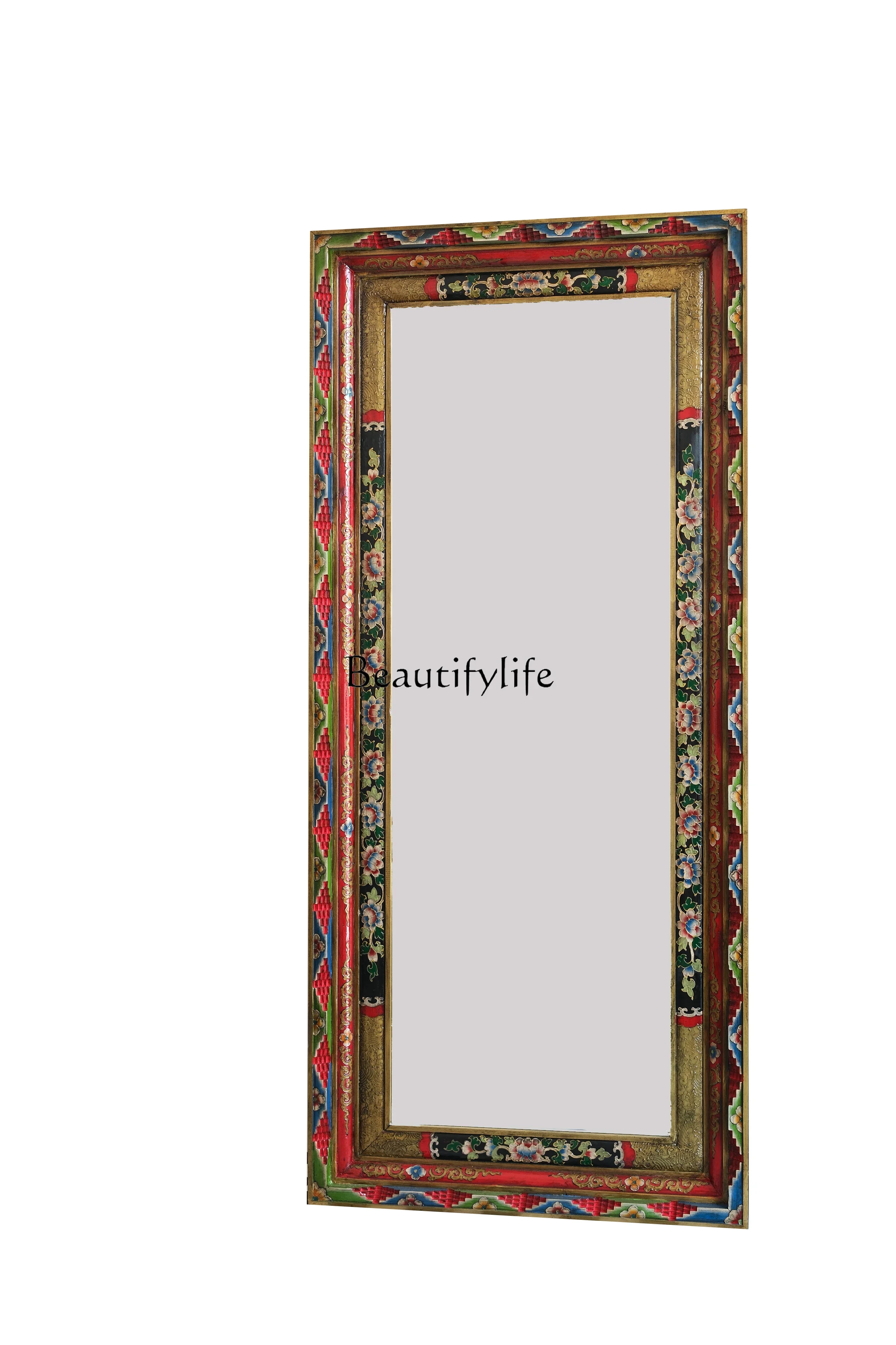 Solid wood hand-painted floor mirror antique Chinese paint old square floor mirror