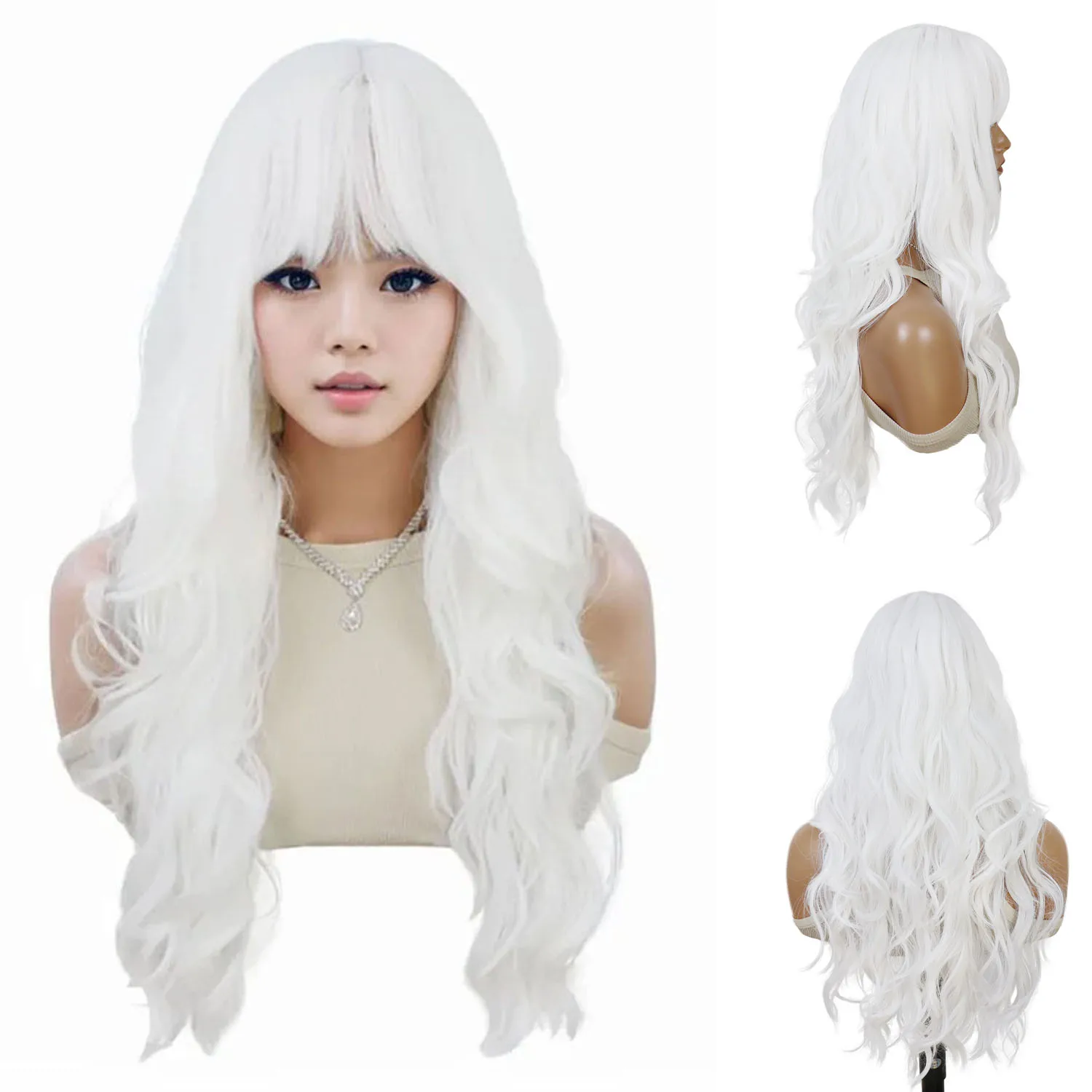 

Женские белые парики для косплея, синтетические волосы, 28-дюймовый длинный волнистый вьющийся парик с челкой, термостойкий парик чистого цвета, вечеринка на Хэллоуин