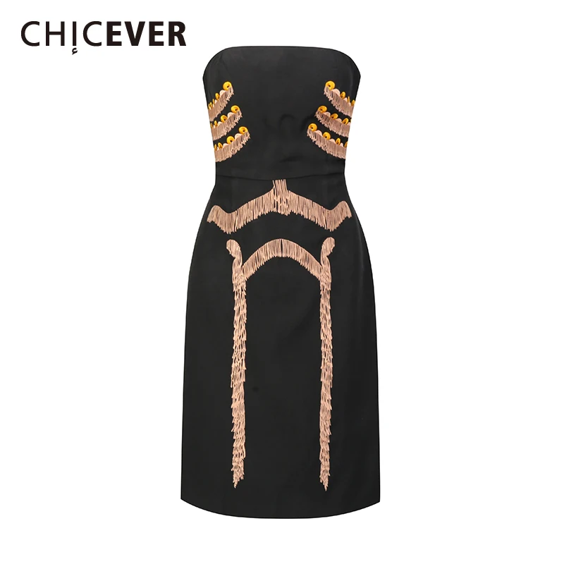

CHICEVER Black Spliced Embroidery Dress Female Square Collar Sleeveless Slimming Temperament Minimalist Women's Dresses Fashion