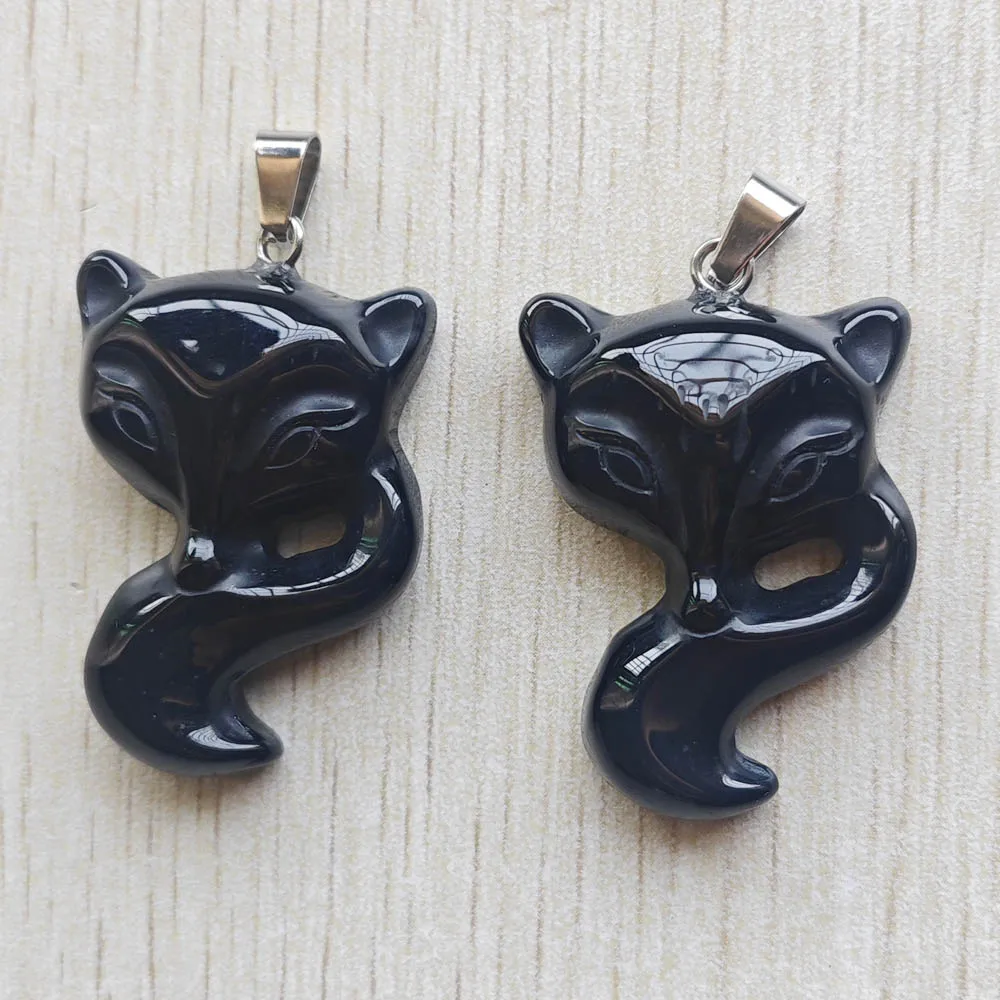 Natural Black agate Fashion good quality carved fox charms Pendants for diy jewelry making 2pcs/lot Wholesale Fast shipping