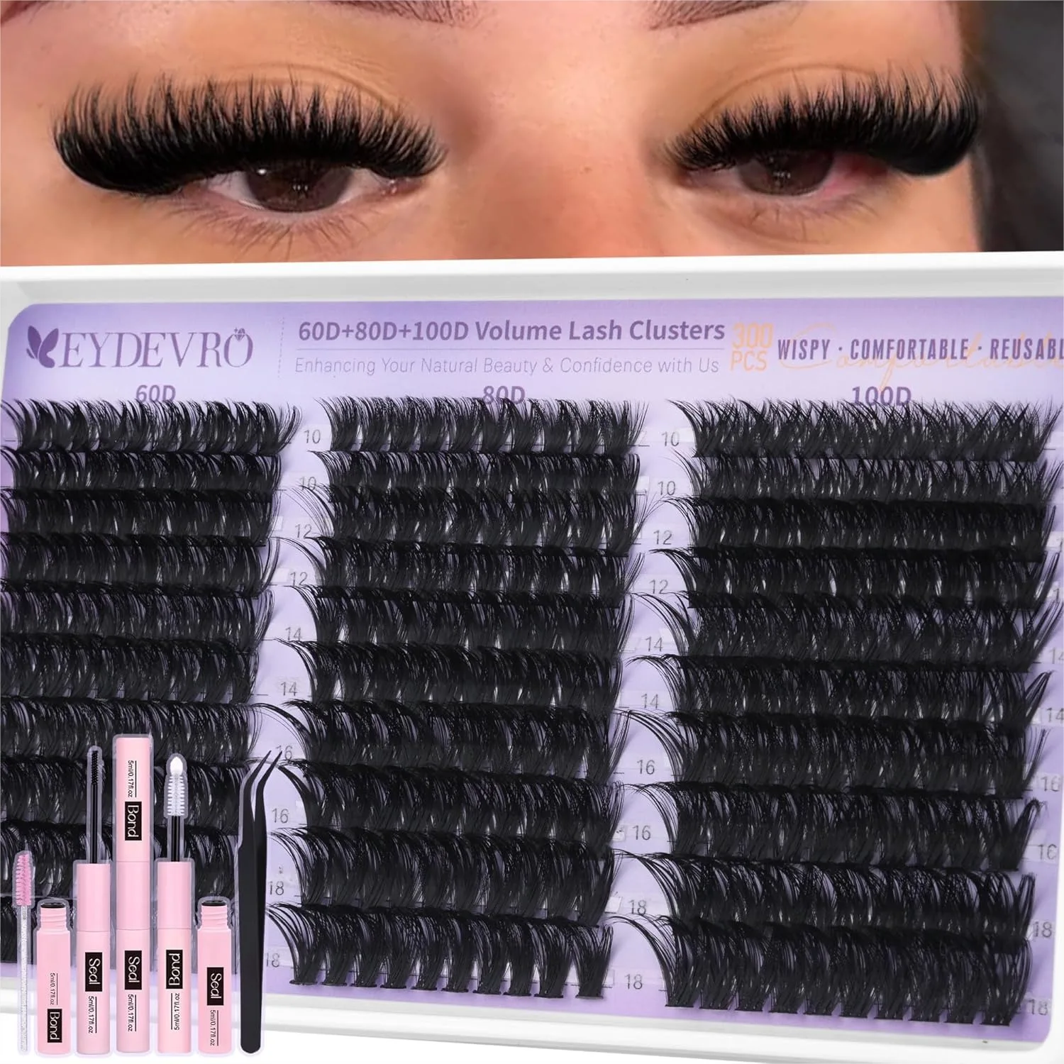 

Volume Lash Clusters Kit 60D80D100D D Curvature Wispy Eyelash Extensions with Bond and Seal Tweezers Brushes