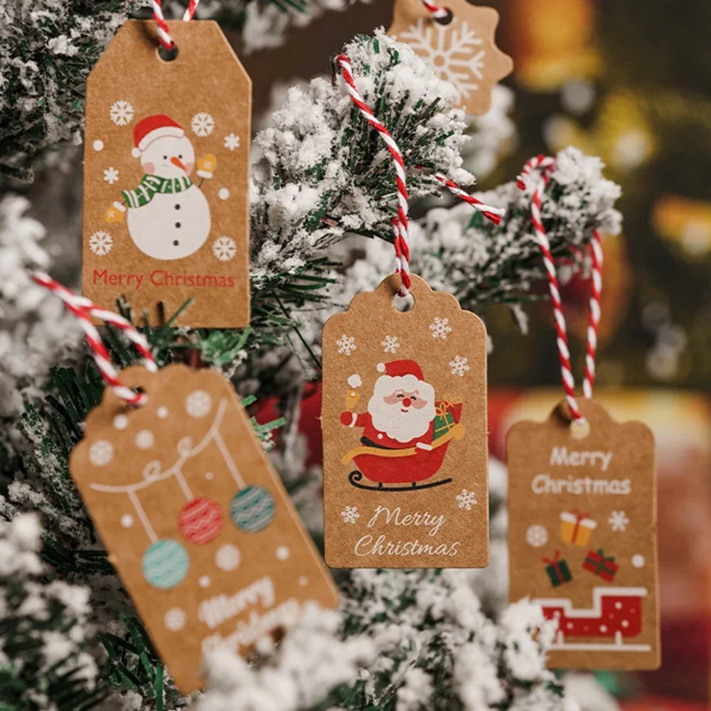 50Pcs Christmas Tags Labels Kraft Paper Merry Christmas Letter Santa Claus Gift Card Tag Xmas Tree Shape New Year Present Decor