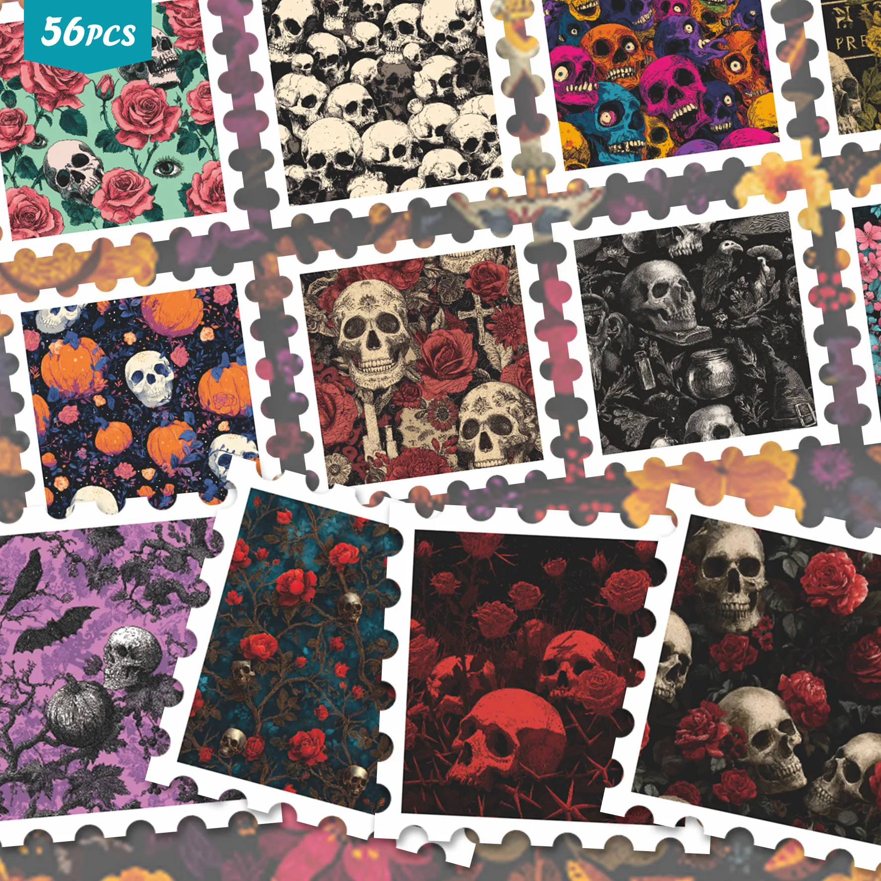56PCS Floral Skull Stickers for laptops, Colorful Skeleton & Flower Prints, Perfect for Journaling Scrapbooking & Handmade Craft