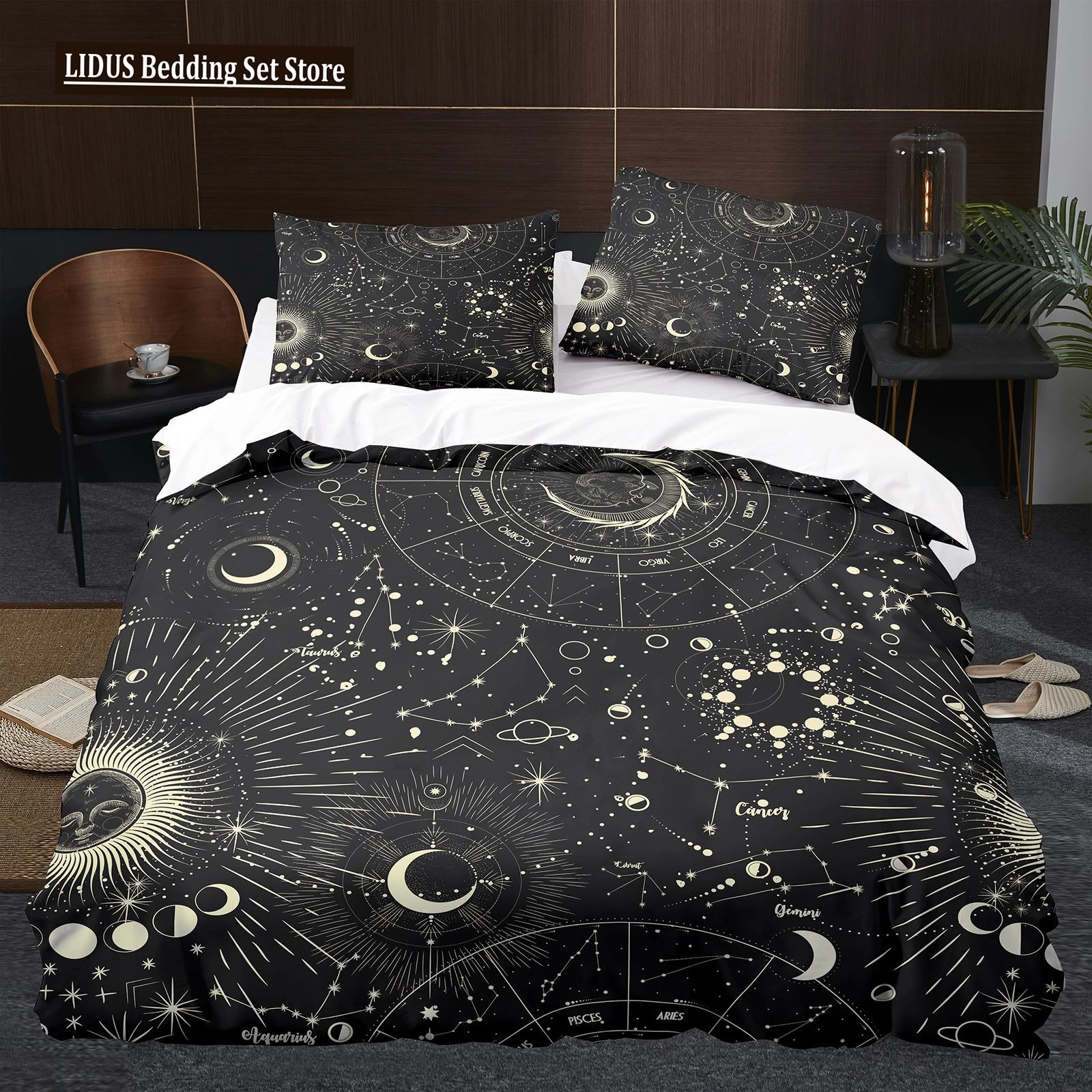 Ancient Sun Moon Duvet Cover Set King Queen Size Purple Lilac Colorful Galaxy Psychedelic Boho Mandala Polyester Bedding Set