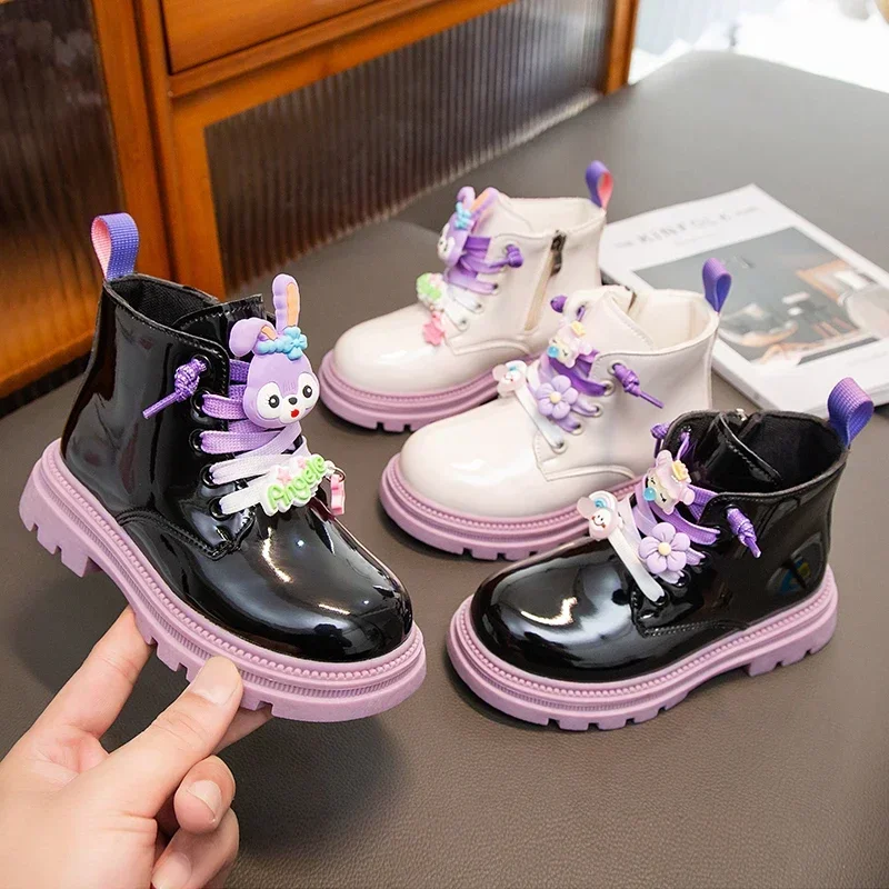 Winter Children Shoes Girls Boots Leather Cartoon Rabbit Kids Plush Sneaker Fashion Non-slip Cute Flat Ankle Boot Girls Sneaker