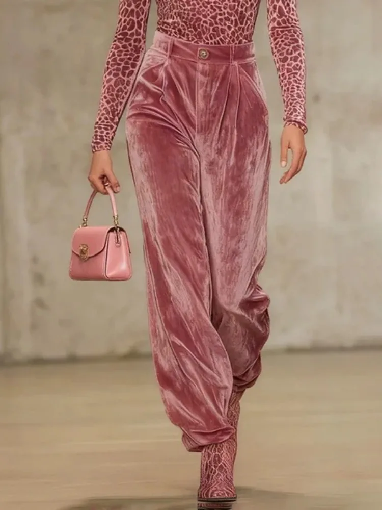Bonboho Women's Pink Velvet High Waist Pants Buttoned Loose Fit Full Length Trousers 2025 Stylish Pleated Pants Matching Bottoms