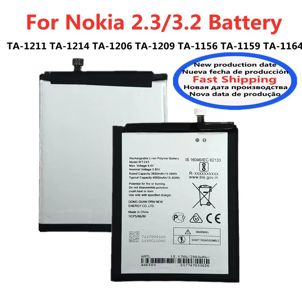 

4000mAh WT240 Original Replacement Battery For Nokia 3.2 2.3 TA-1156 TA-1159 TA-1211 TA-1214 TA-1206 TA 1209 1164 Phone Battery