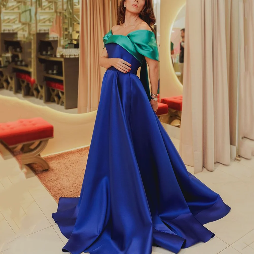 

Винтажные атласные платья для выпускного вечера для женщин контрастного цвета с открытыми плечами и складками без рукавов, простое платье трапециевидной формы, Vestido De Noche