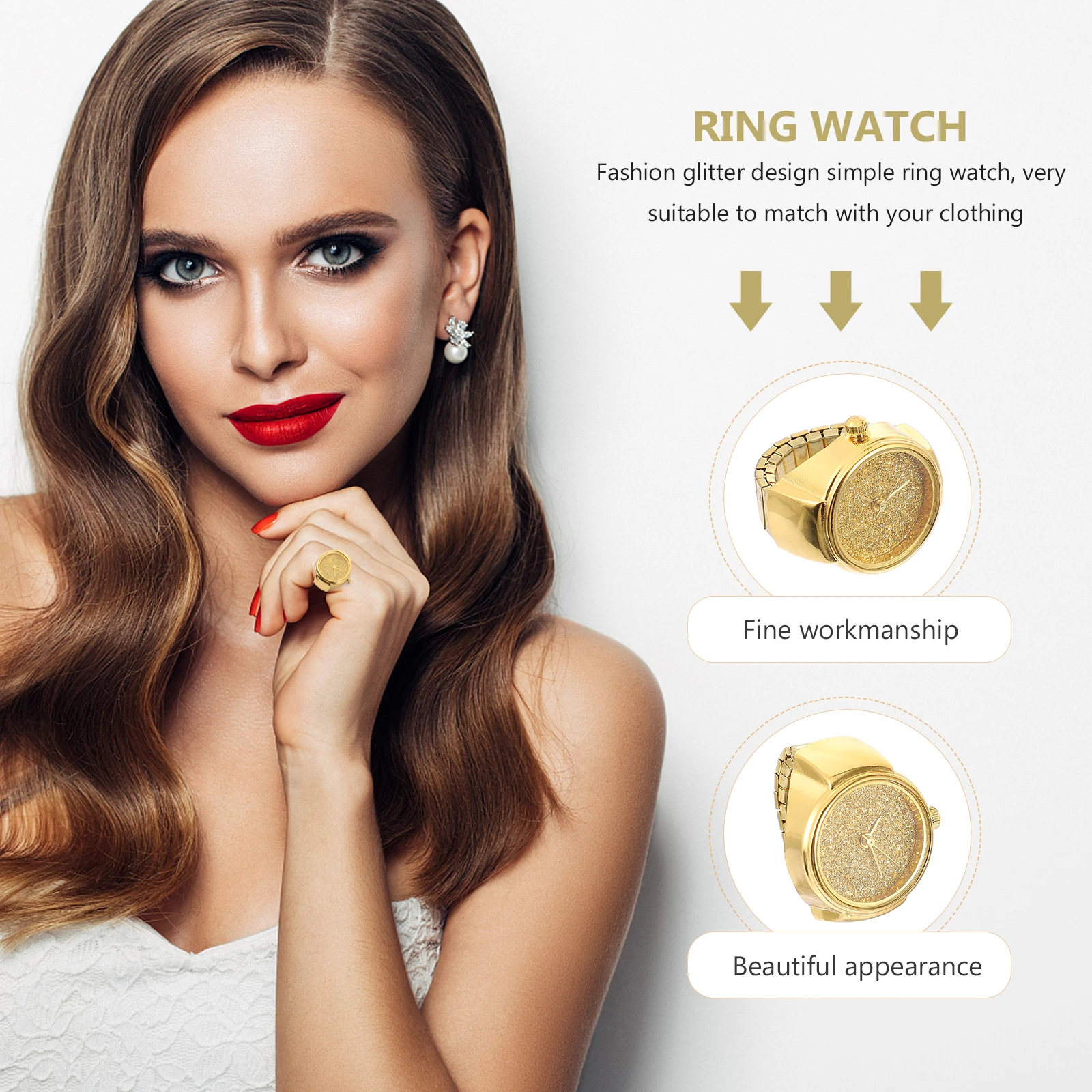

Elegant Glitter Ring Watch Gold Tone Quartz Movement Fashionable Accessories For Ladies Gentlemen