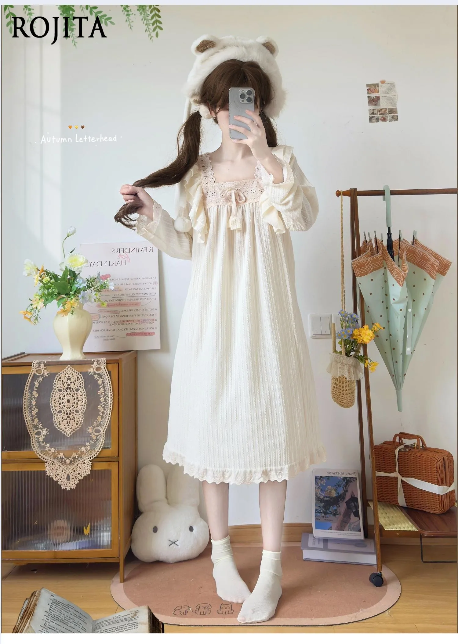 Cute Sweet Princess‑style Nightgown Sweet Women Nightgown Square Neck Lace Ruffle Long Sleeve Loose Soft Homewear Sleep Dress