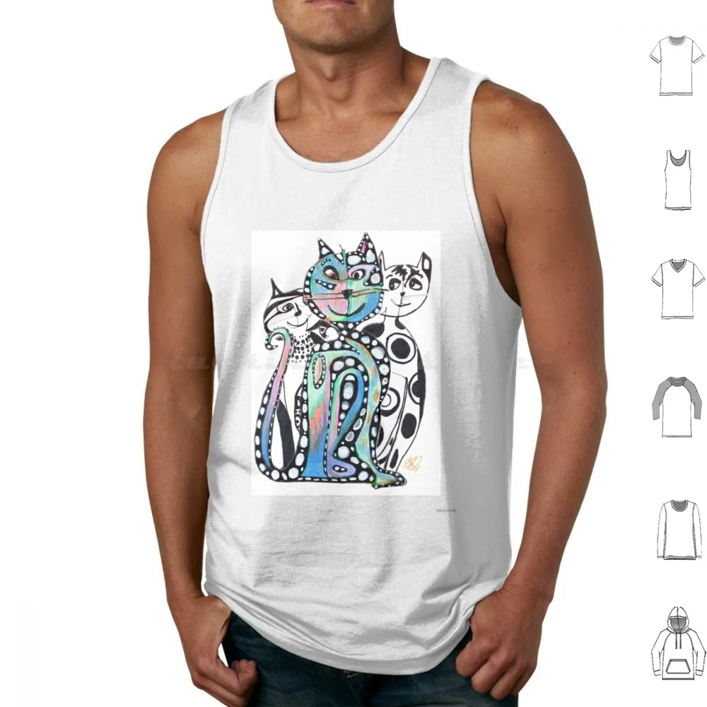 Alebrijesque Cats-Bibiwildstudio Tank Tops Vest Sleeveless Cats Feline Silly Alebrijes Ink Dots Whiskers Doodle Pets One