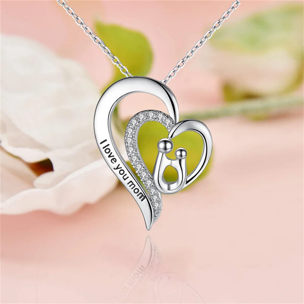 1pc I Love You Mom Necklace for Women Boys Girls Exquisite Love Heart Shaped Pendant Clavicle Chain Choker Mother's Day Gift