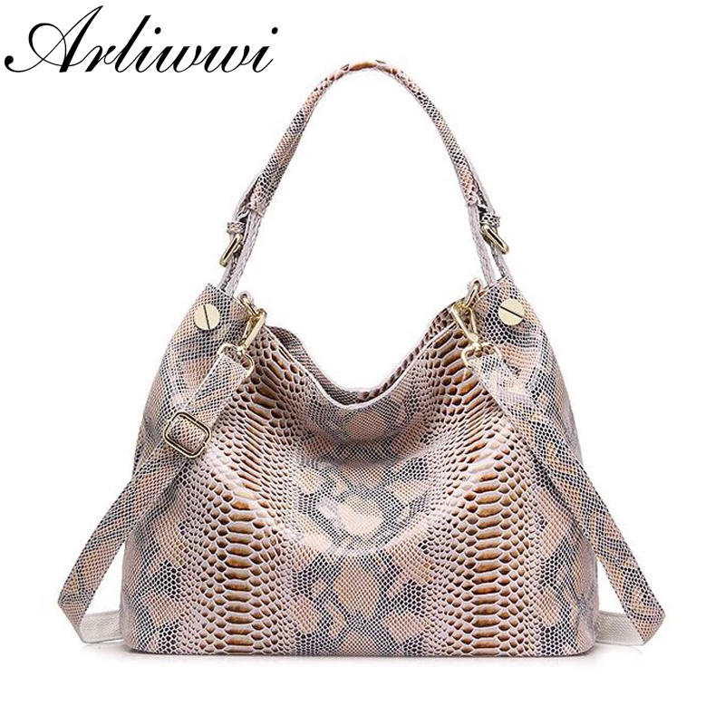 Genuine Leather Bags For Women Large Shiny Serpentine Pattern Coating Suede Cow Leather Shoulder Handbags For Lady