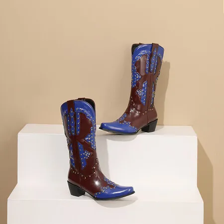 New Embroidered Rivet Western Cowboy Women Boots Pointed Toe Square Heels Vintage Knight Boots Cowgirl Boots Women's Shoes 2024