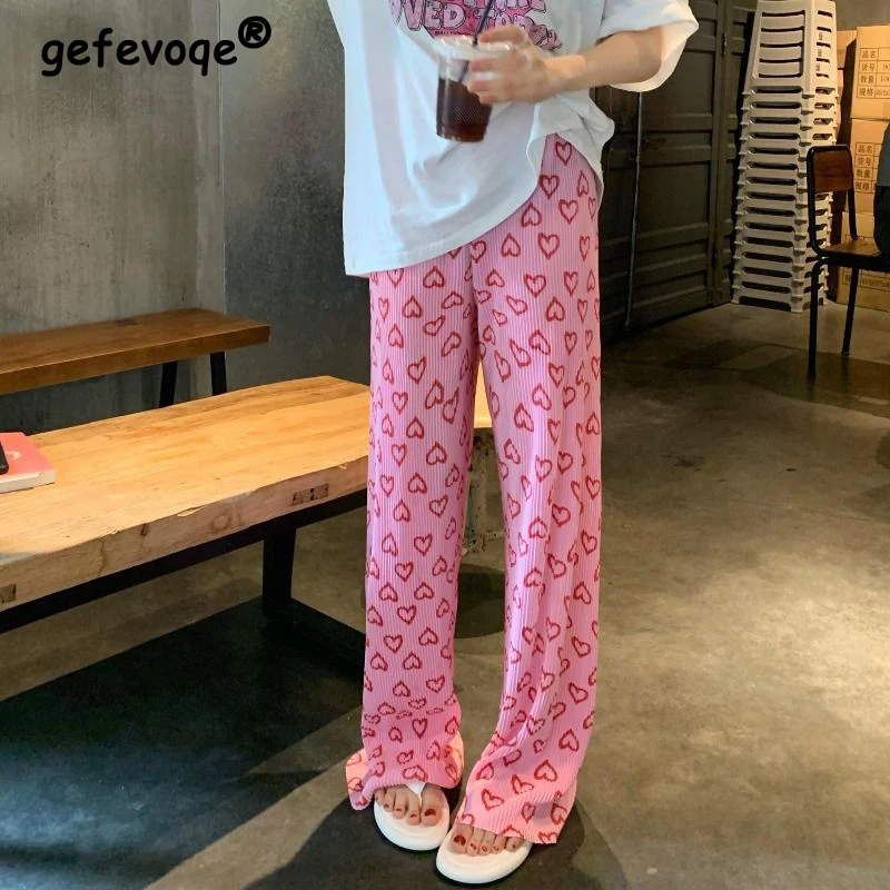 Women Korean Fashion Printed Streetwear Sweet Pleated Wide Leg Pants Summer Female High Waist Loose Straight Trousers Pantalones