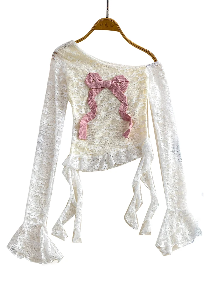 Ele Slim Fit in pizzo con colletto inclinato con nodo e top svasato con strato base Sweet Sle per l'estate da donna