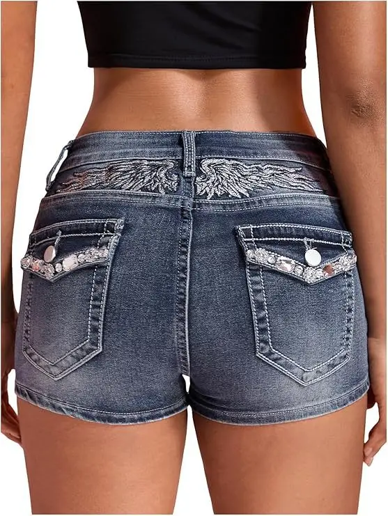 Sexy Slim Fit Women Denim Shorts Retro Low Rise Angel Embroidery Hot Diamond Mini Hot Pants Y2K Street Wear Hip Hugging Shorts