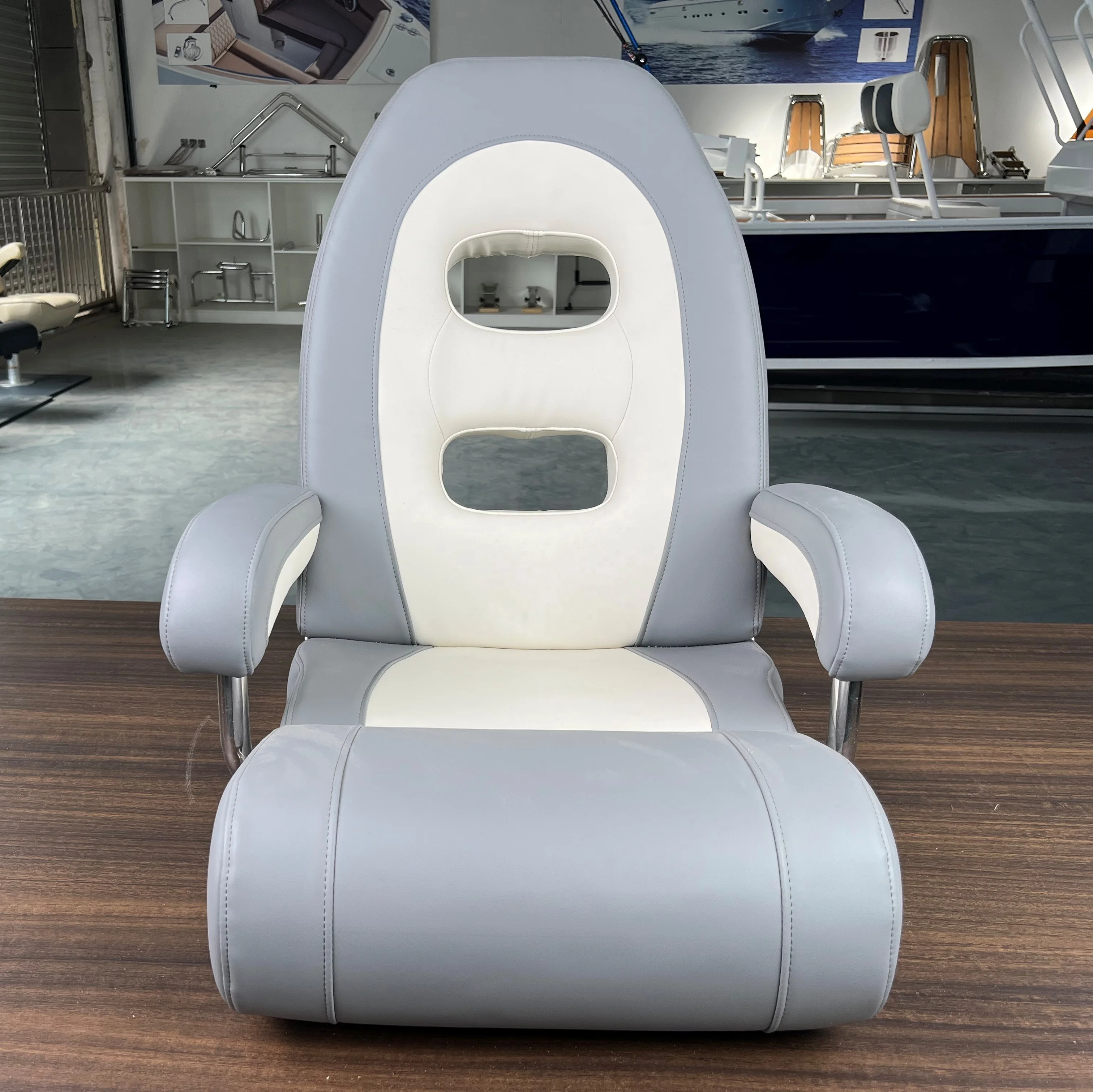 

High Back Captain Boat Seat with Handles and Adjustable Bolster in Blue and White