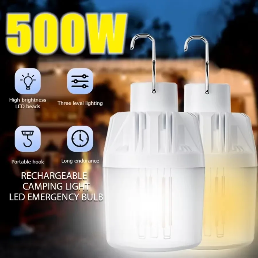 500W Emergency Light Outdoor Camping Supplies Edc Outdoor USB Rechargeable LED Light Bulb Lantern Hiking Sports Entertainment