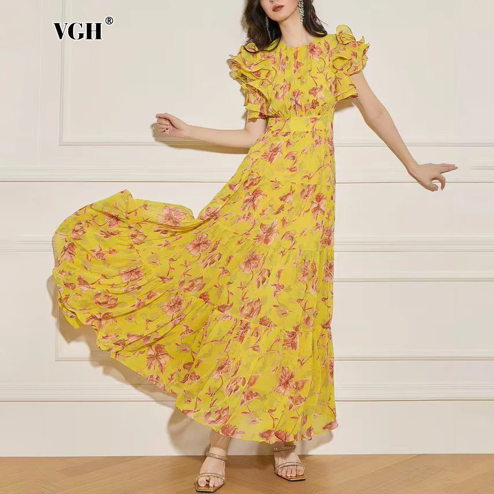

VGH Bright Yellow Floral Tiered Chiffon Maxi Dress for Women O Neck Ruffle Sleeve Slim A Line Skirt for Tropical Beach Vacation