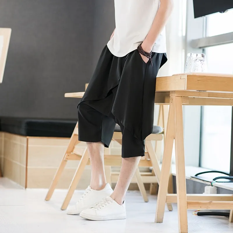 Summer Mens Baggy Shorts Layered Cross-pant Knee-length Short Pants Black White Thin Streetwear Hip Hop Oversize Casual Shorts