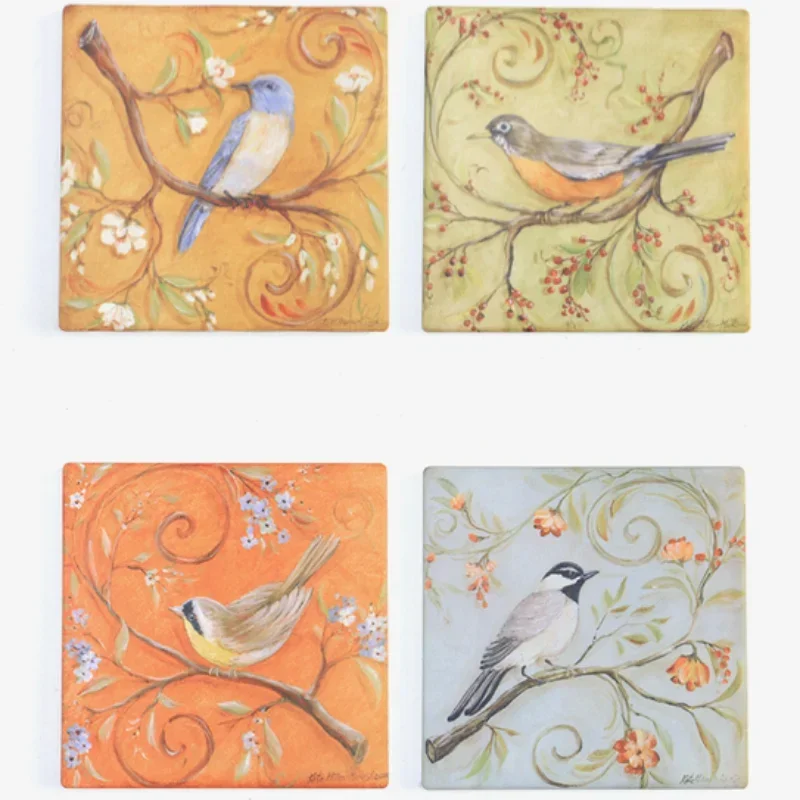 4PCS Bird Flower Ceramic Cup Coaster Retro Square Non Slip Insulated Bottle Placemat Coaster Coffee Mug Glass Cup Nordic Rococo