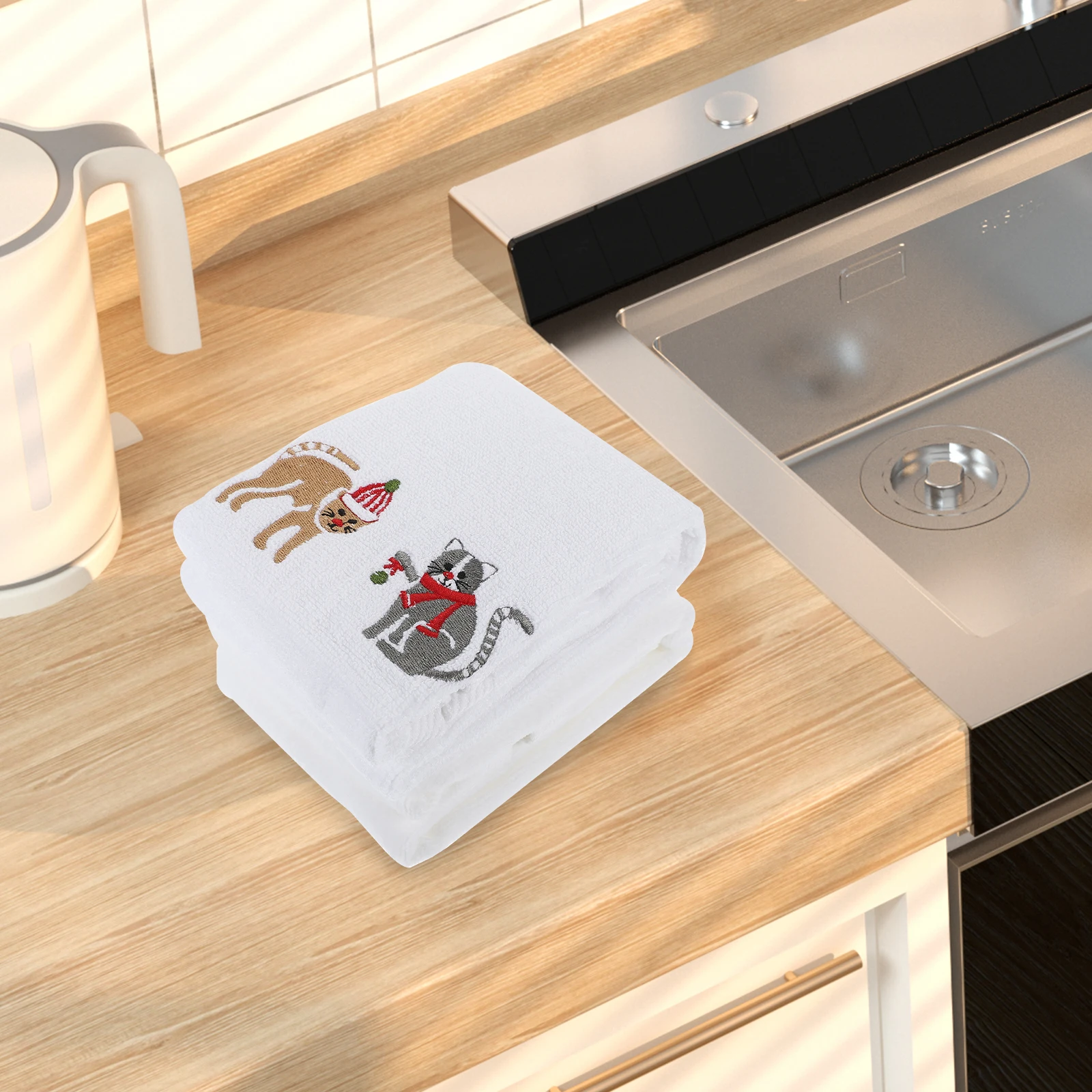 

2Pcs Christmas Embroidered Towels Cats Deer Design Absorbent Cleaning Rags Kitchen Washcloths Reusable Cotton Cloth Dishwasher