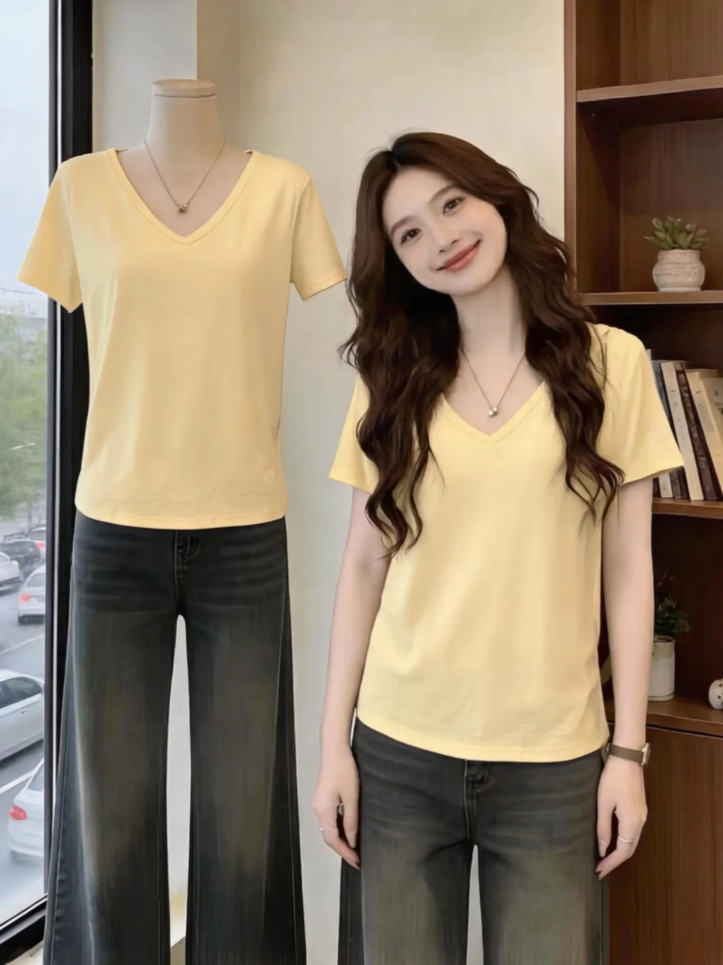 Yellow V-neck Short Sleeve T-shirt Women's Summer Base Layer Top plus Size Slimming Casual Short Length Upper Apparel