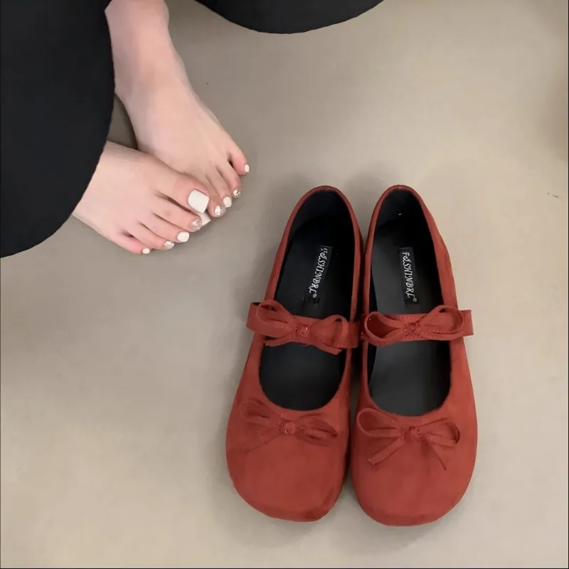 Fashion Round Toe Fabric Ballet Flats Woman Concise Warm Comfort Loafers Ladies Brand Design Fluffy Mary Jane Shoes in Red Grey view 5