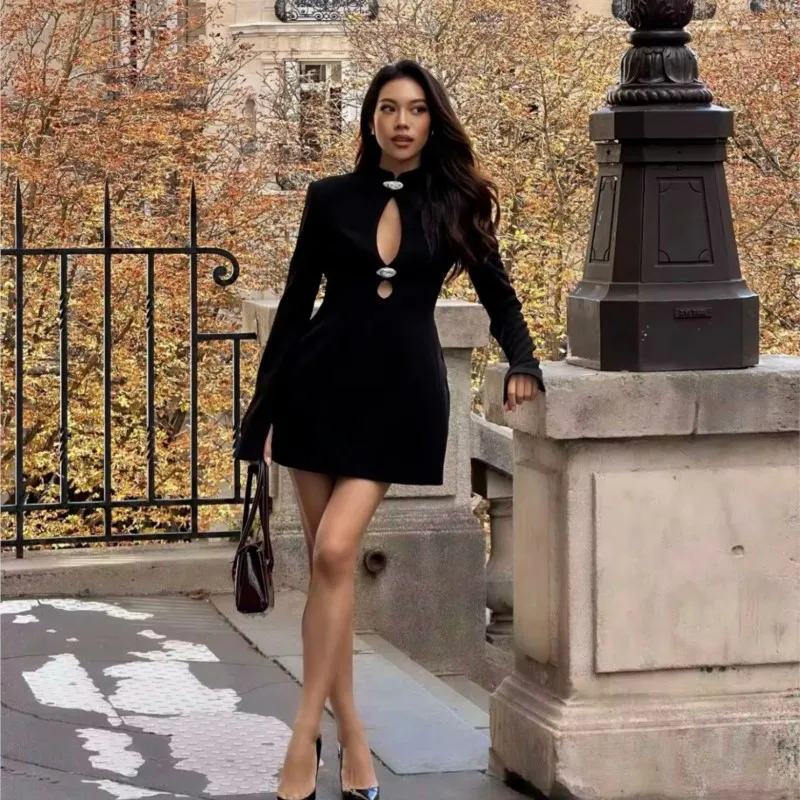 Chic Cutout Black Dress 2026 Metal Button Long Sleeve Mini Dress Sexy Avant-Garde High Street Party Clubwear Elegant Dress