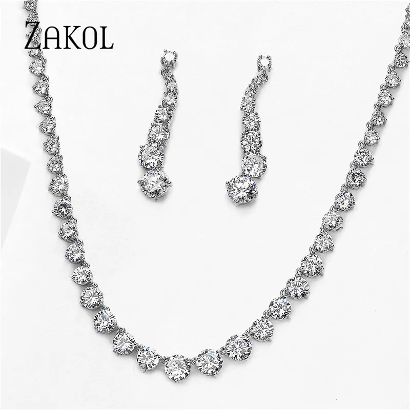 ZAKOL Fashion Sparking Clear Round Cut Cubic Zircon Women Jewelry Sets for Brides Wedding Evening Dress Factory Price