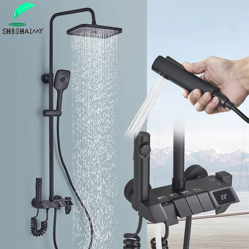 Black Piano Digital Shower Set Intelligent Brass Bathroom Faucets Hot Cold Waterfall Tap Rainfall Gray Shower System chuveiro