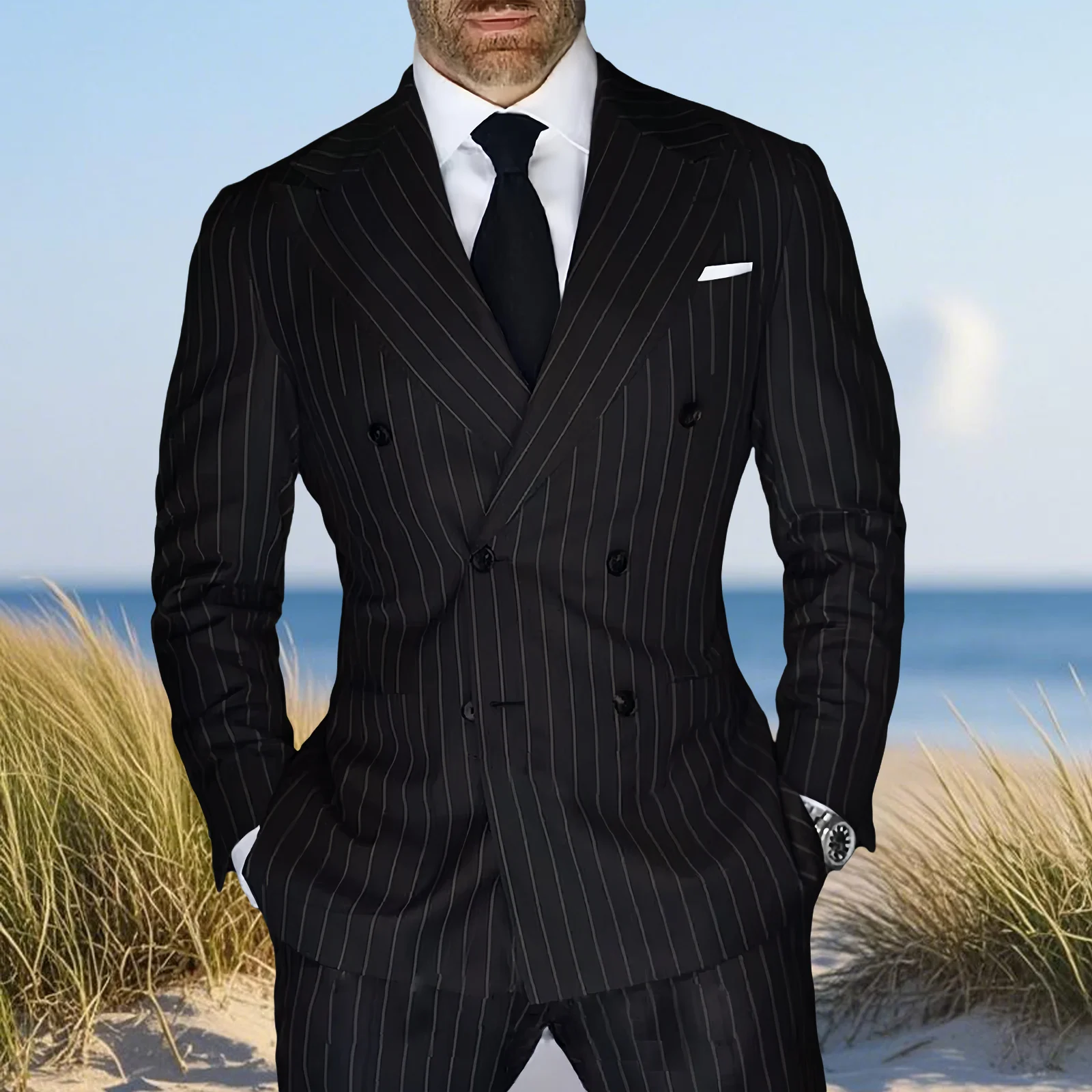 

ANNIEBRITNEY Spring Business Stripe Suit for Men Slim Fit Peaked Lapel Man Suit 2 Piece Outfit Set Traje De Hombre Elegante
