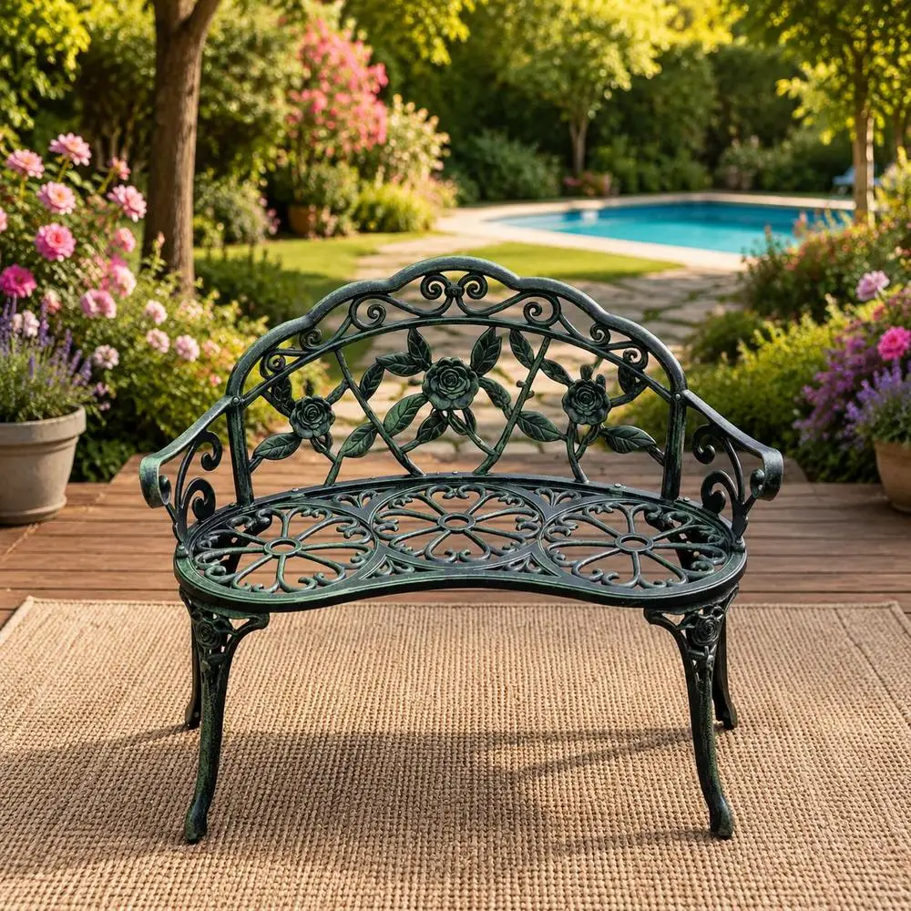 Banc de jardin vintage en métal pour 2 personnes, design ajouré floral, mobilier d'extérieur pour patio et parc, robuste, vert antique, 100x54x78 cm
