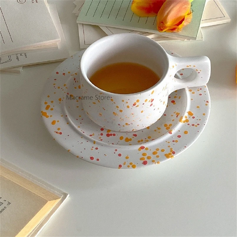 Korean Color Splash Ink Coffee Cup and Saucer suit Simple Ins Vintage Plate Milk Ceramic Mug Household Dessert Juice Cup