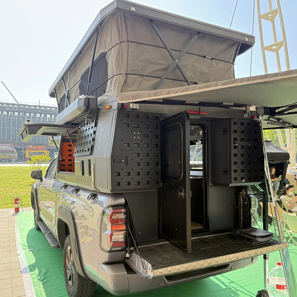 Foldable Aluminium Camper for Pickup Truck-Outdoor Camping Travel Trailer LED Lights Lightweight Waterproof 4 Person Capacity