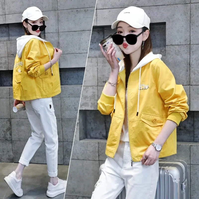 

Korean Women Long Sleeves Zipper Outwear Feminine Fashion Patchwork Baseball Coat Spring Autumn Ladies Hooded Embroidered Jacket